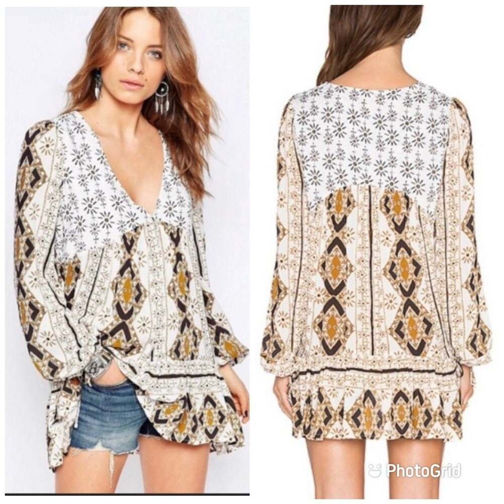 Free People Down by the bay Printed V-Neck Tunic Top Size L